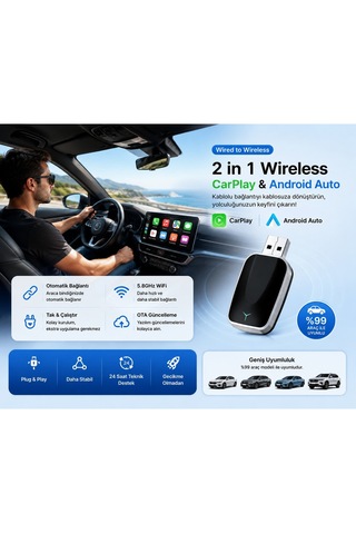 Kenly Kablosuz Apple Carplay Adaptörü 2'si 1 Arada Wireless Usb Type-c Otg Dönüştürücü