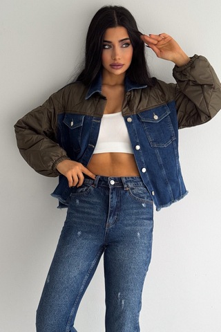 Femelle Haki Kapitone Garnili - Denim Kot Mont