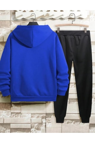 Brooklyn New York Baskılı Kapüşonlu Sweatshirt Ve Eşofman Altı Eşofman Takımı Sax Mavisi Mavi Siyah
