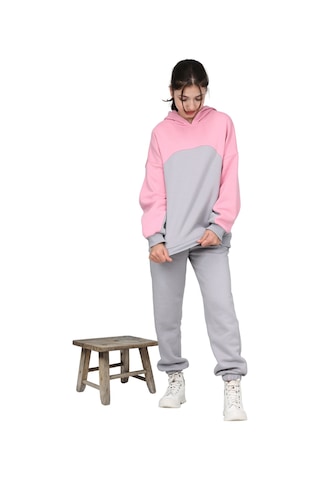 Erdem Kıds Kız Çocuk Paçası Lastikli, Garnili Oversize 3 İplik Şardonlu İçi Pamuklu Eşofman Takımı Gri-pembe Gri-pembe