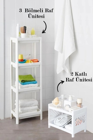 Bayev 3 Bölmeli Vesken + 2 Katlı Raf Ünitesi Banyo Raf Ünitesi Seti Şampuanlık Havluluk Organizer Beyaz