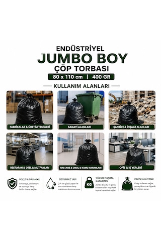 Endüstriyel Jumbo Boy Çöp Torbası 80x110 Cm 400 Gr 20 Rulo 200 Adet Ekstra Kalın Siyah Çöp Poşeti