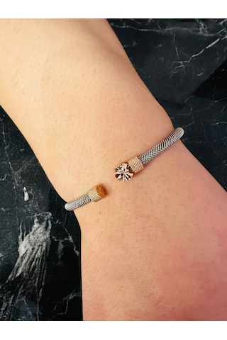 Gümüş Erkek Bileklik,14 Ayar Rose Altın Kaplama,ışıltılı Desenli