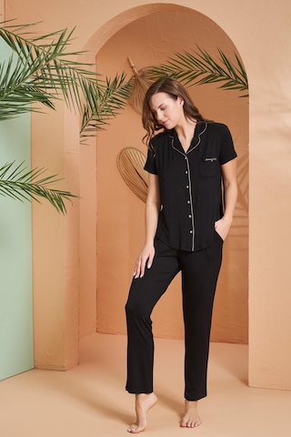 Pjs 27069 Dreaming Kadın Gold Detaylı Boydan Düğmeli Kısa Kollu Pijama Takım Siyah