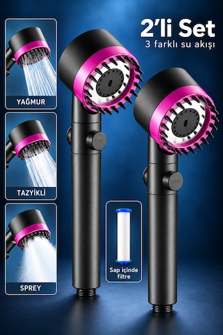 Tilbe Home 2li Duş Başlığı 3 Mod Filtreli Yüksek Basınçlı Silikon Masaj Uçlu Yağmur Sprey Tazik Stop Siyah