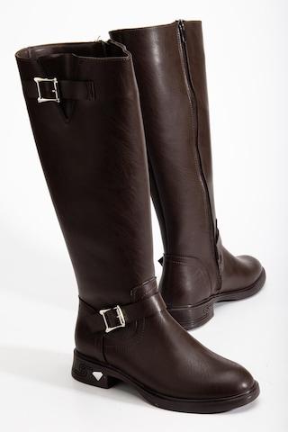 Kahverengi Kadın Çizme Düz Topuklu Bilek Kemerli-4285 Kahverengi