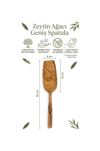 Amptek Ahşap %100 Doğal Zeytin Ağacı Geniş Spatula 32 Cm - Isıya Dayanıklı Yapışmaz Çizmez El Yapımı Mutfak Spatulası Kahverengi