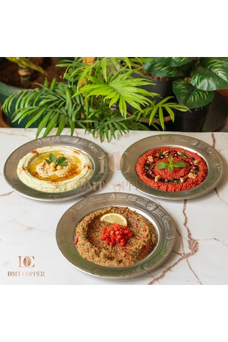 18 Cm 430 Kalite Krom Çelik Yuvarlak Servis Tabağı - Salata Meze Köfte İçin Şık Sunum Tabağı - Kararmaz Fırına Dayanıklı El İmalatı Gaziantep Gri