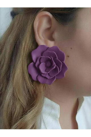 Kadın Küpe Büyük Lila Violet Gül Model - 6 Cm Minimalist Halka/çivili Gül Çiçek Küpe