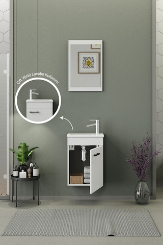 Biani Fix Arya Mini 42 Cm Banyo Dolabı,Seramik Lavabolu, Aynalı,Lavabo Dahil,Mdf,Mat Beyaz