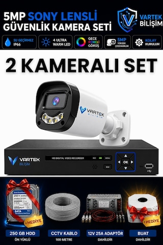 2 Kameralı 250gb-5mp Gece Renkli Gülen Yüz 1080p Fullhd Kamera Set-su Gecirmez-sabit İp Gerektirmez