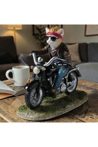 Dekoratif Motorsikletli Kedi Biblo Wise Veronese Poliresin Eğlenceli Figür 14 Cm .