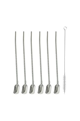 Mucit Home Kaşıklı Milkshake Pipeti Gümüş Paslanmaz Çelik 6'lı Pipet Seti+ 1 Adet Temizleme Fırçası