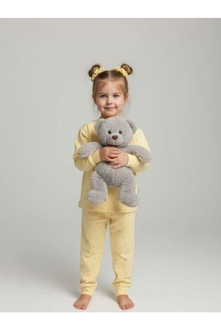 Kız Çocuk Çiçek Desenli Pamuklu Yumuşak Dokulu Pijama Takımı-16842 Sarı