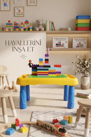 64 Parça 8 Renk Bloklu Yazı Tahtalı Depolama Alanlı Eğitici Oyuncak Aktivite Masası
