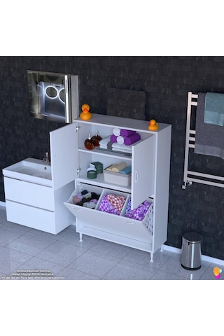 Modilayn İlkim 90 X 138 X 32,5 Cm' Lik Kapak İçi Çift Raflı, Üç Akıllı Çamaşır Sepetli Dolap Beyaz