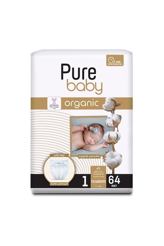 Pure Baby Organik Pamuklu Cırtlı Bez Tekli Paket 1 Numara Yenidogan 64 Adet