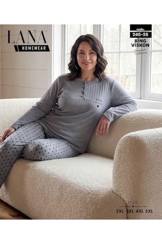 Lana Kadın Battal Pamuk Likralı Raporlu İnterlok Kışlık Pijama Takımı 245/25 - 1 Adet Gri