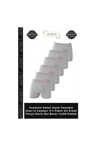 Astrid T Premium Rahat Giyim Pamuklu Giysi İç Çamaşır 6'lı Paket Gri Erkek Penye Havlu Bel Boxer %100 Pamuk