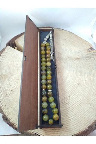 Yeşil Damarlı Akik Taşı Tespih Ahşap Kutulu / 10 MM Doğaltaş Tesp