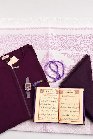 Bilenler Kadın Namaz Seti Fermuarlı Namaz Elbisesi Seccade Örtü Yasin Tesbih Zikirmatik Mor