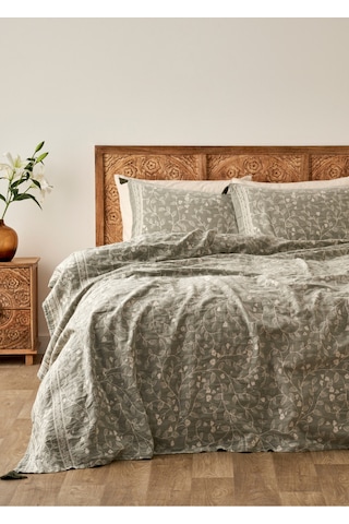 Bella Maison %100 Pamuk Viora Jakarlı Çift Kişilik Yatak Örtüsü Seti Haki 240x260 Cm Haki
