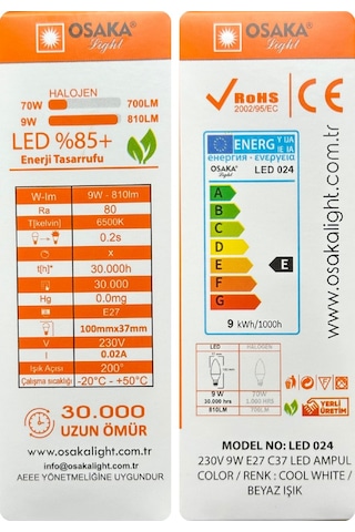 10 Adet Osaka 9w 70w Beyaz Işık E27 Duylu Kalın Duy Led Ampul