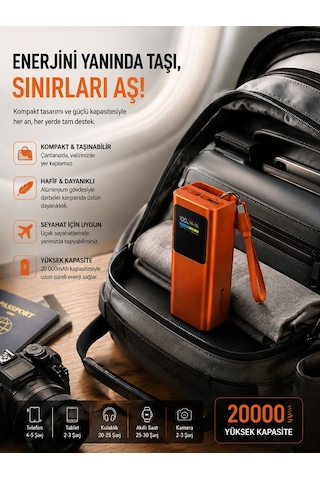 20000mah 100w Hızlı Şarj Powerbank Akıllı Dijital Ekran Type-c Kablolu Usb Type-c Girişli Turuncu