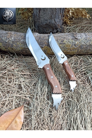 Kurtbey Outdoor Süper İkili Avcı Babalı Oğul Kurt Model Büyük Boy 30cm+22cm Ceviz Kabze Kamp Bıçağı Kahverengi
