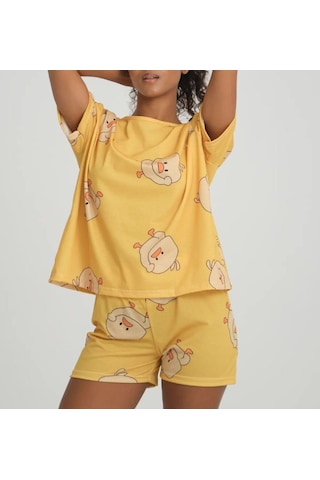 Civciv Desenli Şortlu Takım Sarı