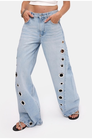 it's basic Kadın Ice 4s6-3 Palazzo Fit Kuş Gözü Detaylı Tasarım Denim Jean Buz Mavi