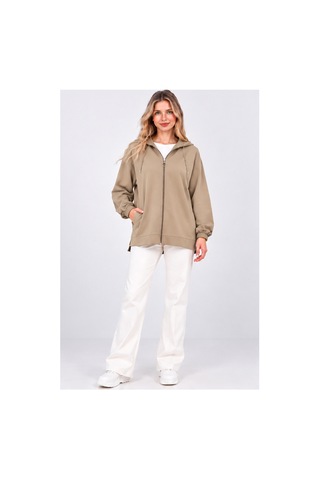 Fiolin Kristal 2 İplik Salaş Fermuarlı Sweatshirt Bej