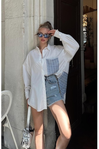 Fashion Cocktail Arkası At İşlemeli Kabartma Ekose Tüvit Düğmeli Cepli Asimetrik Ofis Yama İşi Tasarım Gömlek Mavi