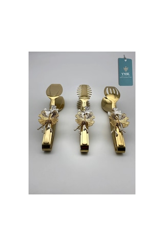 Chacha Home Luxury Papillon 3'lü Paslanmaz Kelebek Dekorlu Titanyum Gold Kaplama Çelik Maşa Seti Gold