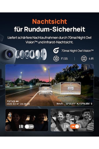 70mai T800e 4k Dashcam Araba 3 Kanallı, 4k+1080p+1080p Ön Arka İç 3 Kanallı Araç Kamerası, Hdr F1.55, Ir Gece Görüşü, 24h Park İzleme, Gps, G-sensor, Wifi 6, 64gb Sd Kartlı Süper Kapasitör