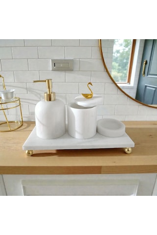 Mermer Banyo Seti Gold 4'lü Set Beyaz