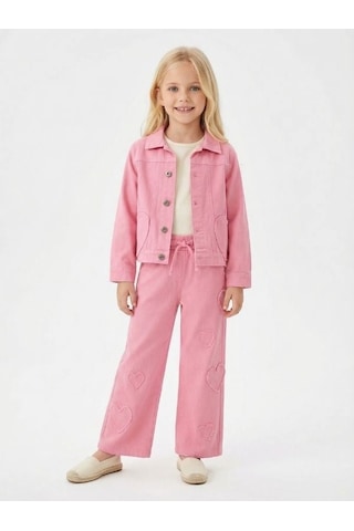 Zekids Kız Çocuk Kalp Detaylı Üçlü Takım Ceket + Bluz + Pantolon -17174 Pembe