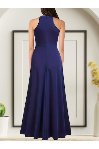 Ahes Shopping Kadın Halter Yaka Derin Yırtmaç Detaylı Tam Boy Janjan Krep Abiye Elbise Mavi