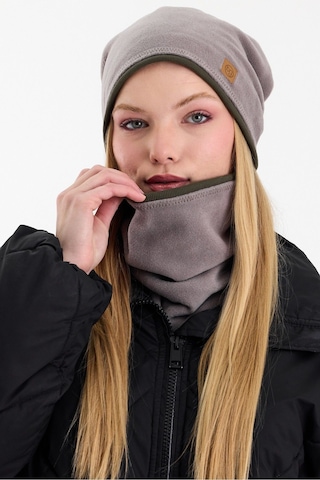 Butikgiz Kadın Dış Kısım Polar, İç Kısım Kaşkorse Pamuklu, Çift Renk, Çift Kat, Katlanabilir Bere Boyunluk Set Gri-haki
