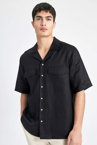 DeFacto %100 Keten Relax Fit Polo Yaka Yazlık Basic Düz Kısa Kollu Gömlek B6687AX24SPBK27