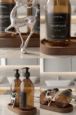 Sabunluk Amber Şişe Cam İkili Şampuan-duş Jeli Banyo Düzenleyici Lüks Gümüş Geyik Ahşap Standlı 500ml
