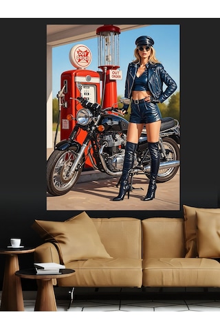 Motosikletli Pin-up Sarışın Kadın Dekoratif Kanvas - Mdf Ahşap Tablo