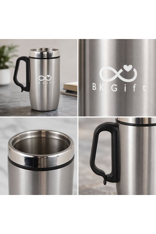 Logonuza Özel 5 Adet 5304 Çelik Kupa 240 Ml Kilitli Kapaklı Kurumsal Termos Mug Gümüş