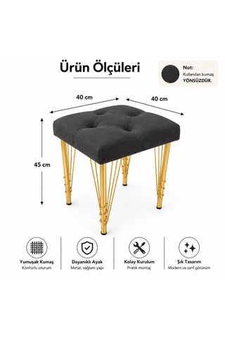 Kare Gold Kaplama Hairpin Ayaklı Tabure Koyu Antrasit