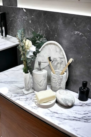 6'lı Mermer Desen Beton Banyo Seti,sabunluk,diş Fırçalığı,aksesuar,mumluk,tütsülük,tepsi,dekorasyon Gri