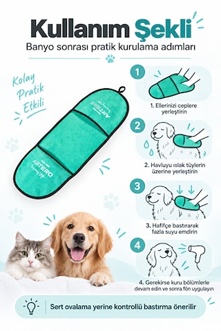 Artero Zumba Kedi Köpek Yüksek Emici Mikrofiber Cepli Kurulama Ve Kurutma Havlusu 64x23 Cm