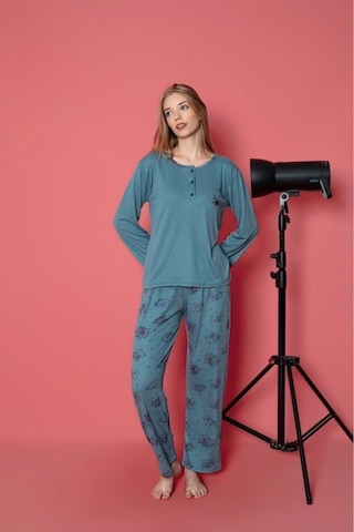 Lukitus Sıfır Yaka Pamuklu Düğmeli Kadın Pijama Takımı İnt-01 Mavi