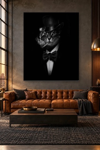 Fida Silindir Şapkalı Puro İçen Papyonlu Kedi Canvas Tablo Çok Renkli