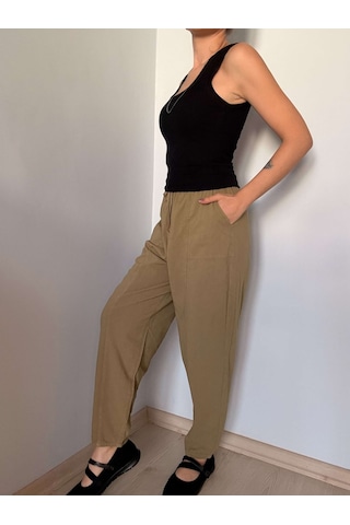 Haki Havuç Kesim Keten Pantolon Olive