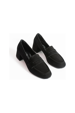 Dericia Shoes Shimmer Hakiki Deri Süet Kadın Kalın Topuklu Ayakkabı Siyah